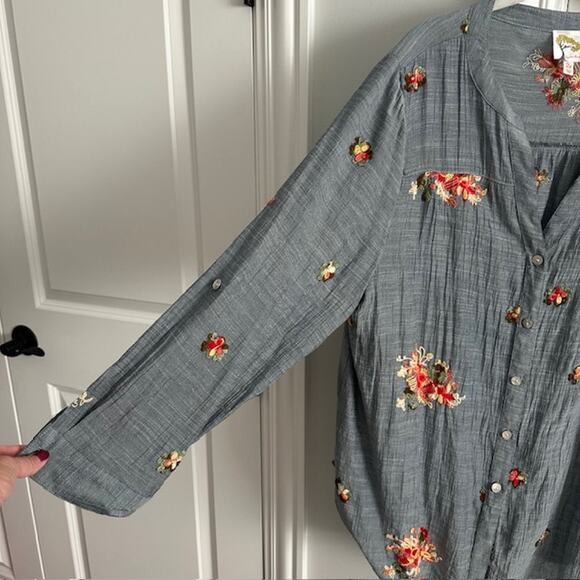 Anthropologie Fig And Flower Embroidered Floral Button Down Blouse 2X - Picture 5 of 11